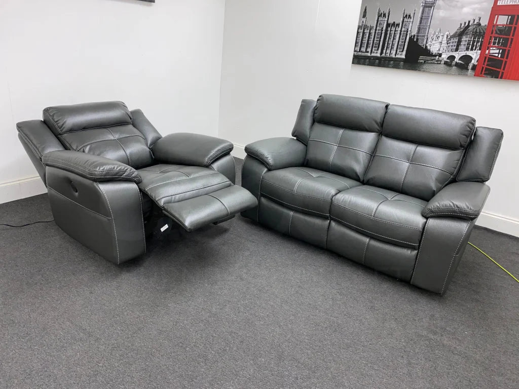 Parker Electric Recliner Grey Leather 2 Seater Sofa + Chair Set Sofas