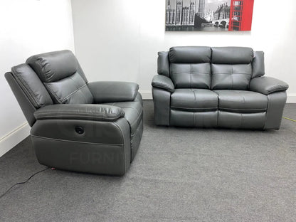 Parker Electric Recliner Grey Leather 2 Seater Sofa + Chair Set Sofas