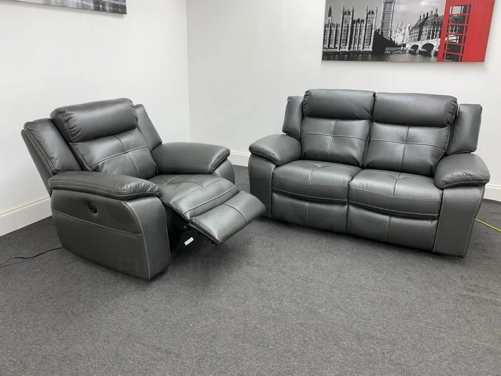 Parker Electric Recliner Grey Leather 2 Seater Sofa + Chair Set Sofas