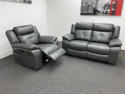 Parker Electric Recliner Grey Leather 2 Seater Sofa + Chair Set Sofas