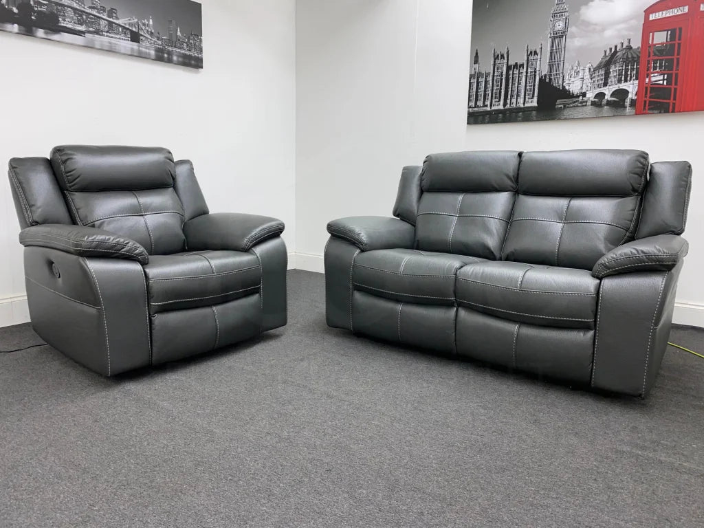 Parker Electric Recliner Grey Leather 2 Seater Sofa + Chair Set Sofas