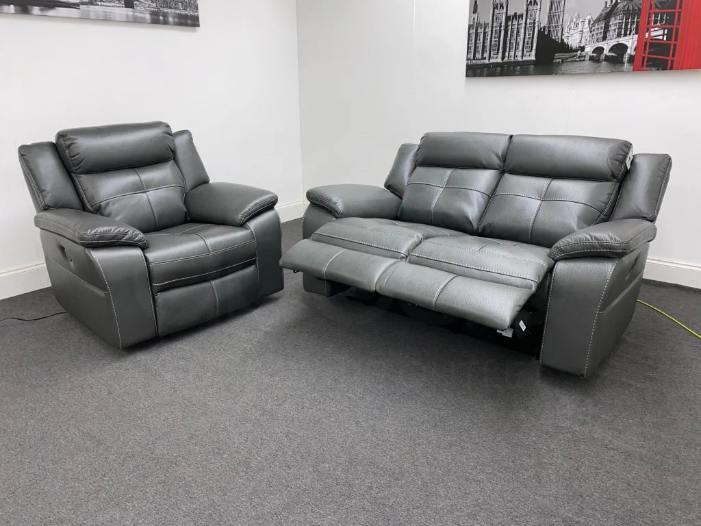 Parker Electric Recliner Grey Leather 2 Seater Sofa + Chair Set Sofas
