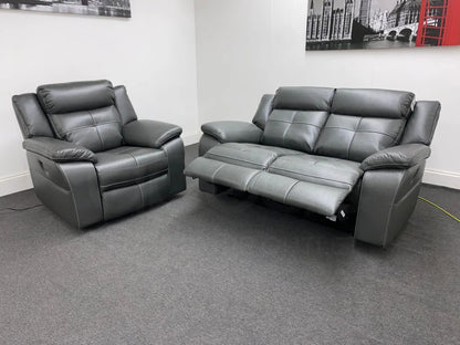 Parker Electric Recliner Grey Leather 2 Seater Sofa + Chair Set Sofas
