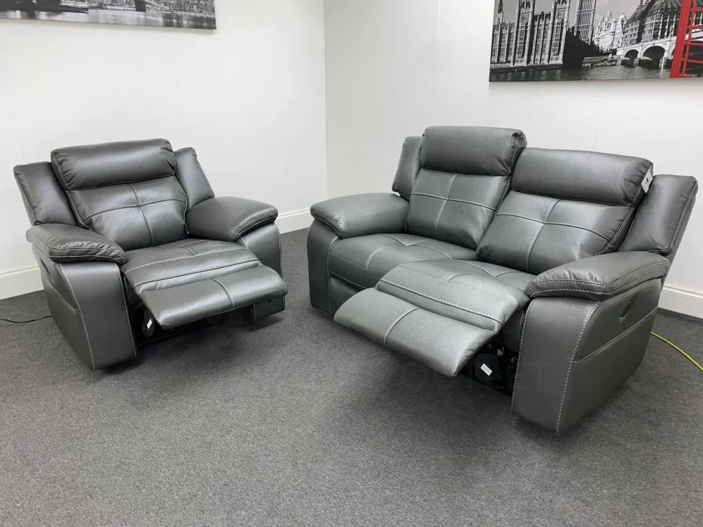 Parker Electric Recliner Grey Leather 2 Seater Sofa + Chair Set Sofas