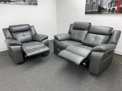 Parker Electric Recliner Grey Leather 2 Seater Sofa + Chair Set Sofas