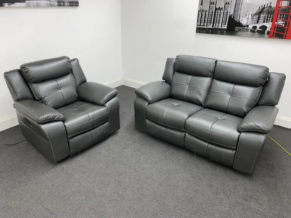 Parker Electric Recliner Grey Leather 2 Seater Sofa + Chair Set Sofas