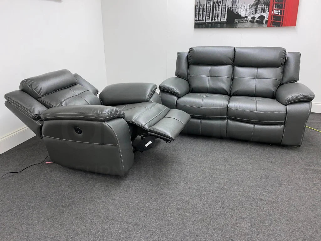 Parker Electric Recliner Grey Leather 2 Seater Sofa + Chair Set Sofas