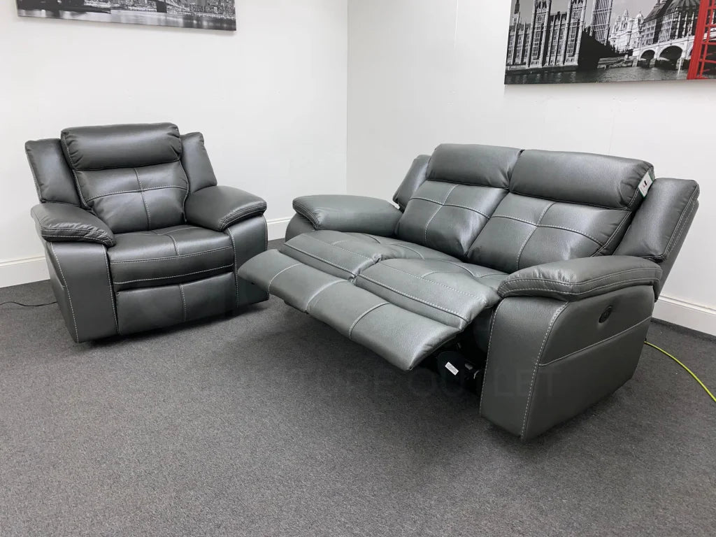 Parker Electric Recliner Grey Leather 2 Seater Sofa + Chair Set Sofas