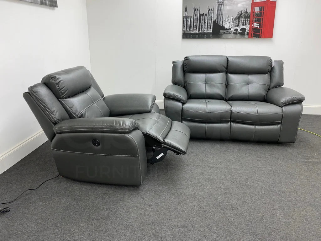 Parker Electric Recliner Grey Leather 2 Seater Sofa + Chair Set Sofas
