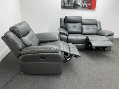 Parker Electric Recliner Grey Leather 2 Seater Sofa + Chair Set Sofas