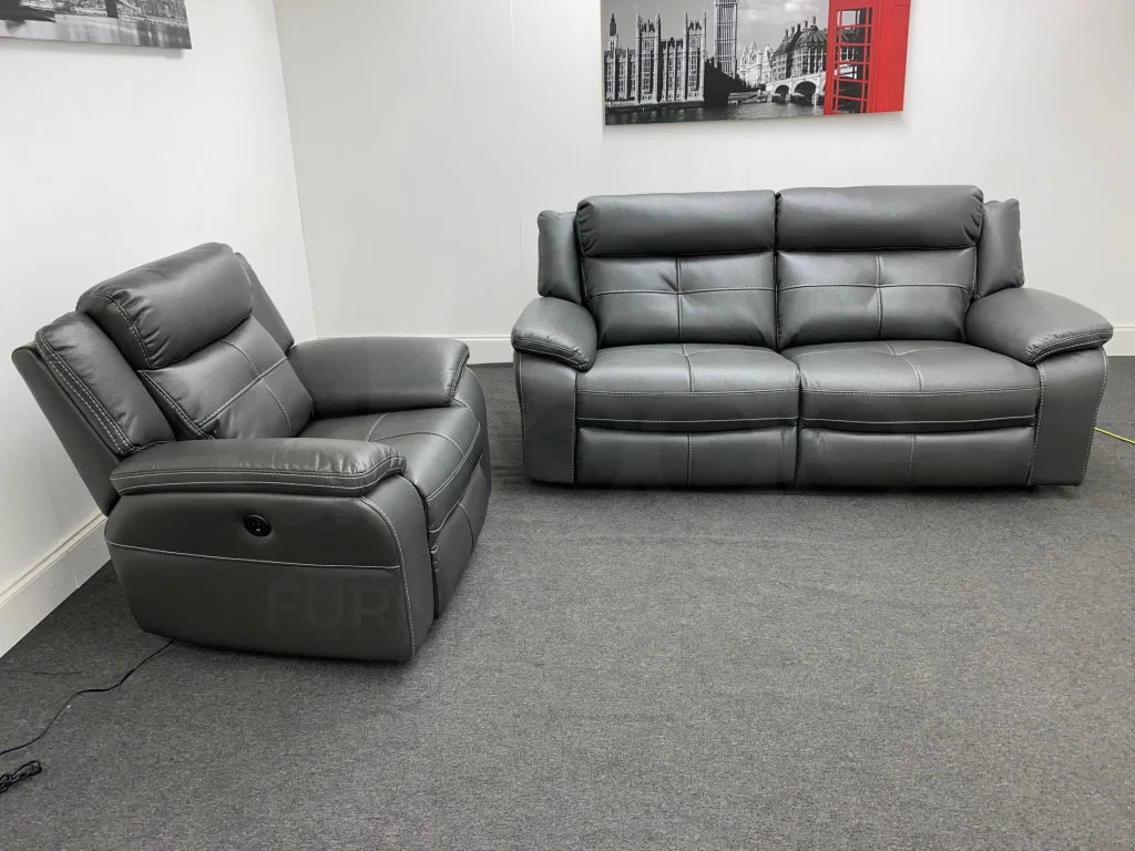 Parker Electric Recliner Grey Leather 3 Seater Sofa + Chair Set Sofas