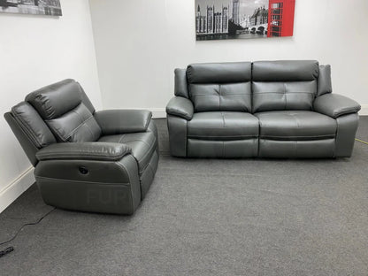 Parker Electric Recliner Grey Leather 3 Seater Sofa + Chair Set Sofas
