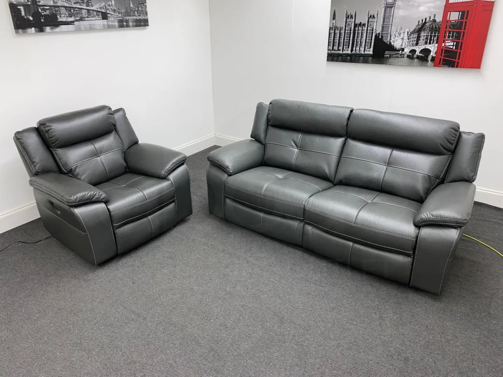 Parker Electric Recliner Grey Leather 3 Seater Sofa + Chair Set Sofas