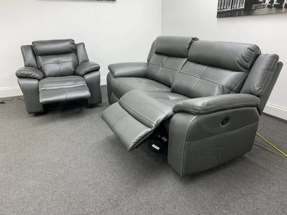 Parker Electric Recliner Grey Leather 3 Seater Sofa + Chair Set Sofas
