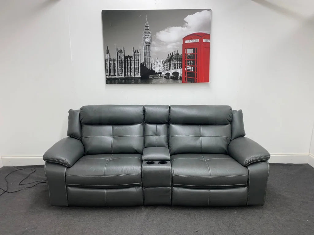 Parker Electric Recliner Grey Leather 3 Seater Sofa With Consol Sofas