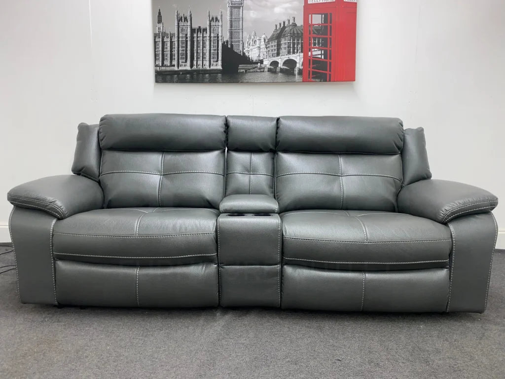 Parker Electric Recliner Grey Leather 3 Seater Sofa With Consol Sofas