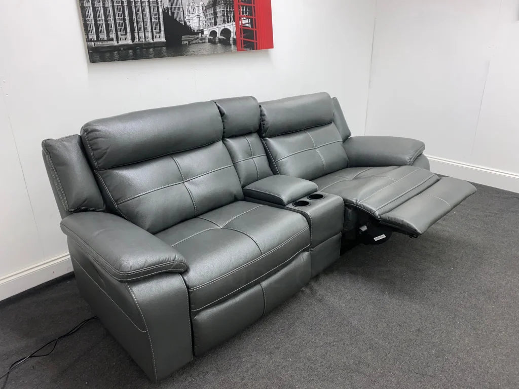 Parker Electric Recliner Grey Leather 3 Seater Sofa With Consol Sofas