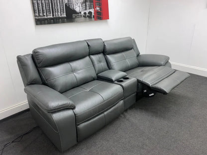 Parker Electric Recliner Grey Leather 3 Seater Sofa With Consol Sofas