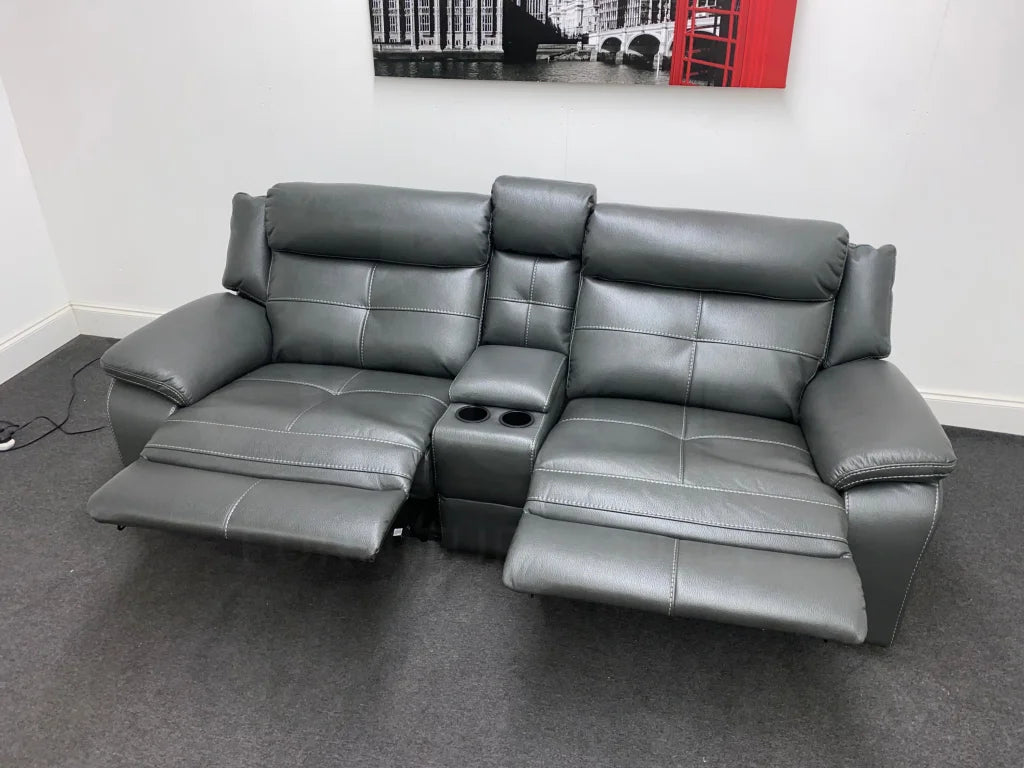 Parker Electric Recliner Grey Leather 3 Seater Sofa With Consol Sofas