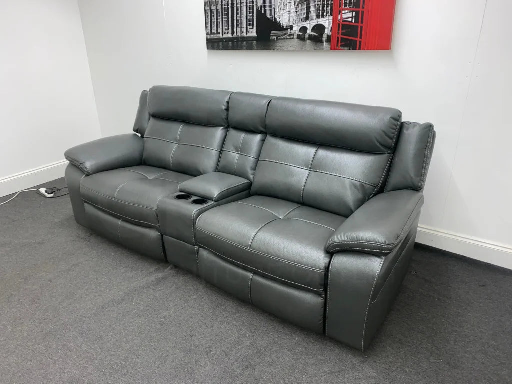 Parker Electric Recliner Grey Leather 3 Seater Sofa With Consol Sofas