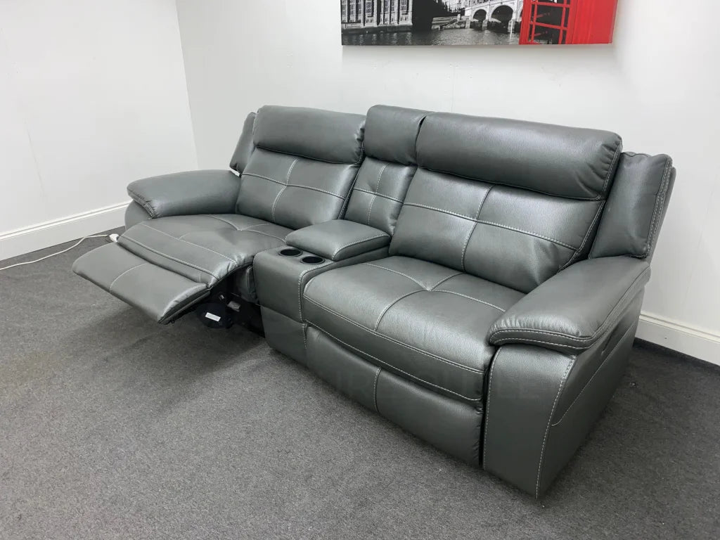 Parker Electric Recliner Grey Leather 3 Seater Sofa With Consol Sofas