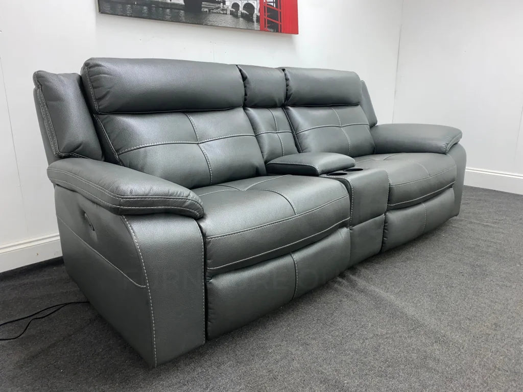 Parker Electric Recliner Grey Leather 3 Seater Sofa With Consol Sofas