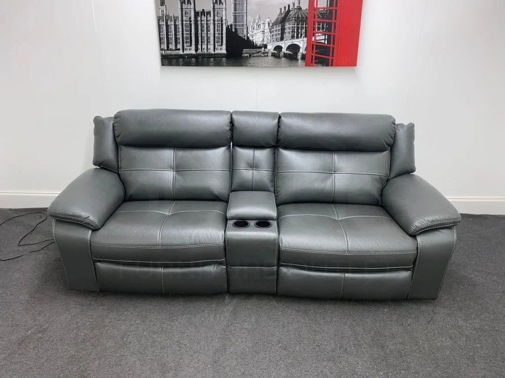 Parker Electric Recliner Grey Leather 3 Seater Sofa With Consol Sofas