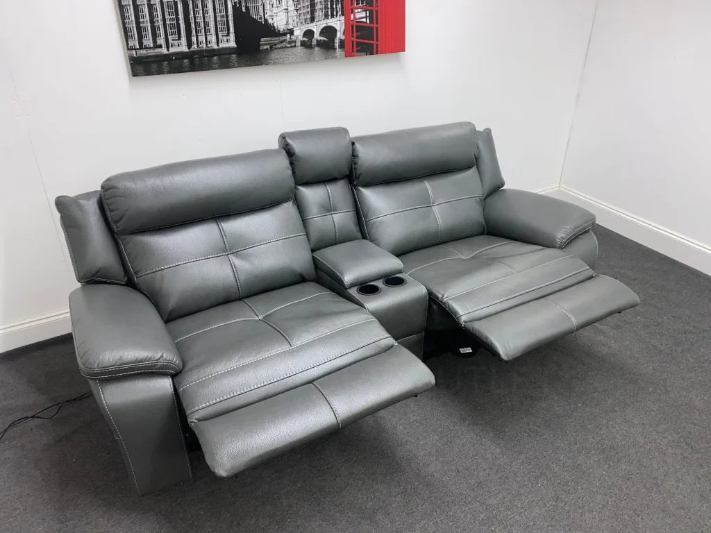 Parker Electric Recliner Grey Leather 3 Seater Sofa With Consol Sofas