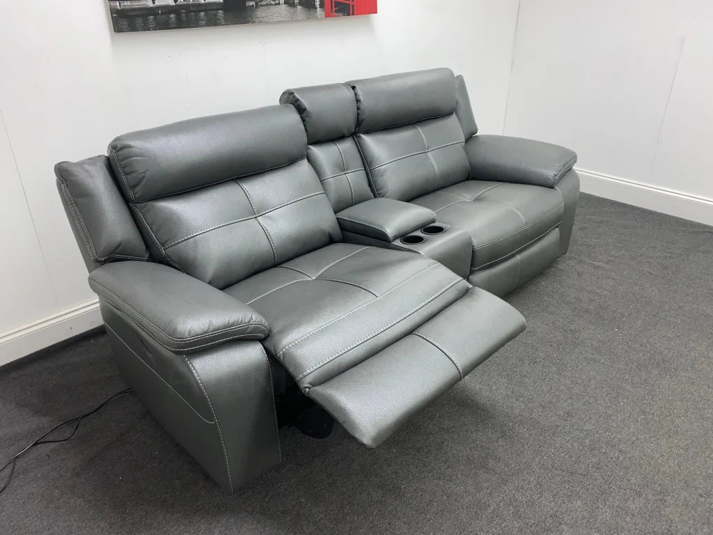 Parker Electric Recliner Grey Leather 3 Seater Sofa With Consol Sofas
