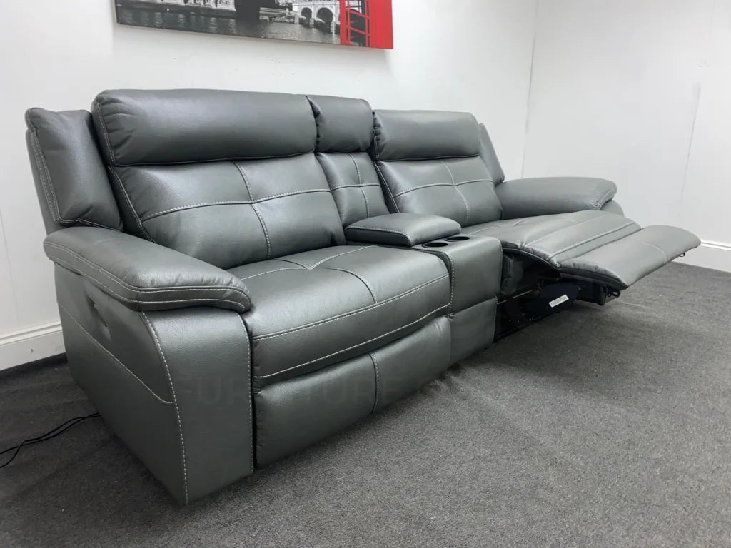 Parker Electric Recliner Grey Leather 3 Seater Sofa With Consol Sofas