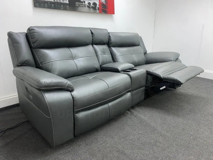 Parker Electric Recliner Grey Leather 3 Seater Sofa With Consol Sofas