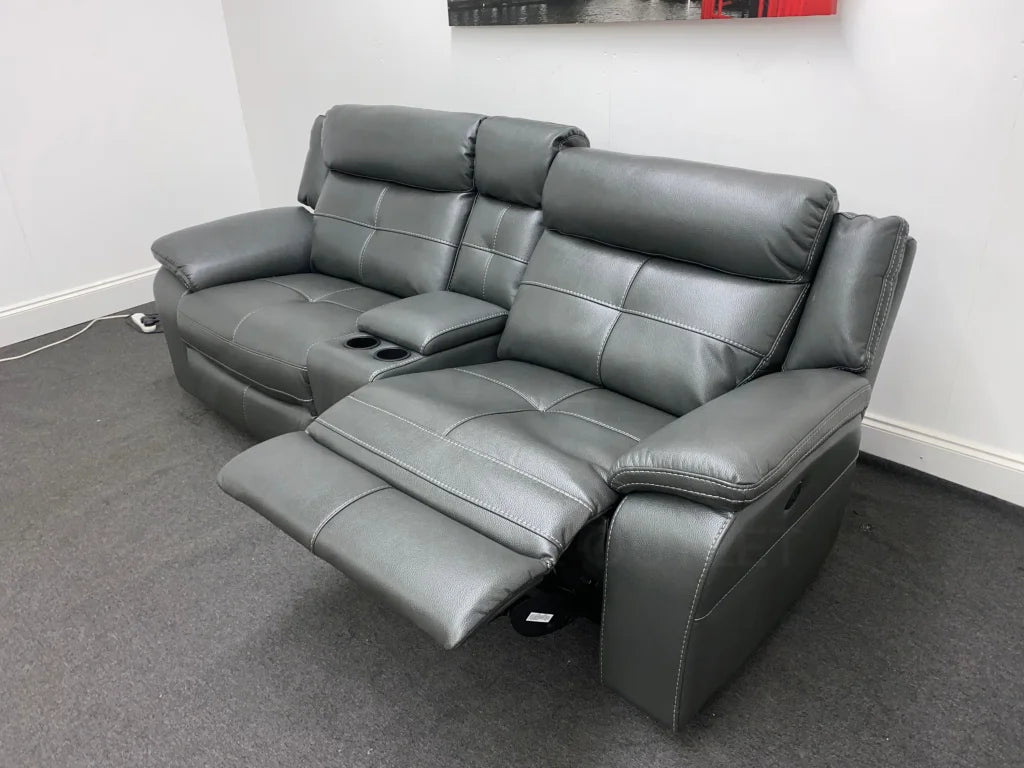 Parker Electric Recliner Grey Leather 3 Seater Sofa With Consol Sofas