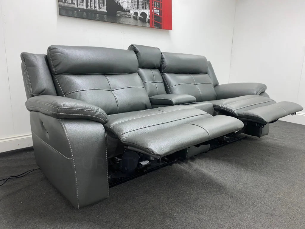 Parker Electric Recliner Grey Leather 3 Seater Sofa With Consol Sofas