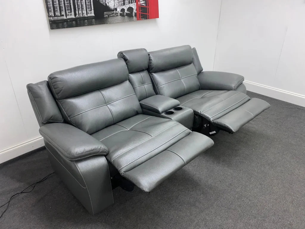 Parker Electric Recliner Grey Leather 3 Seater Sofa With Consol Sofas