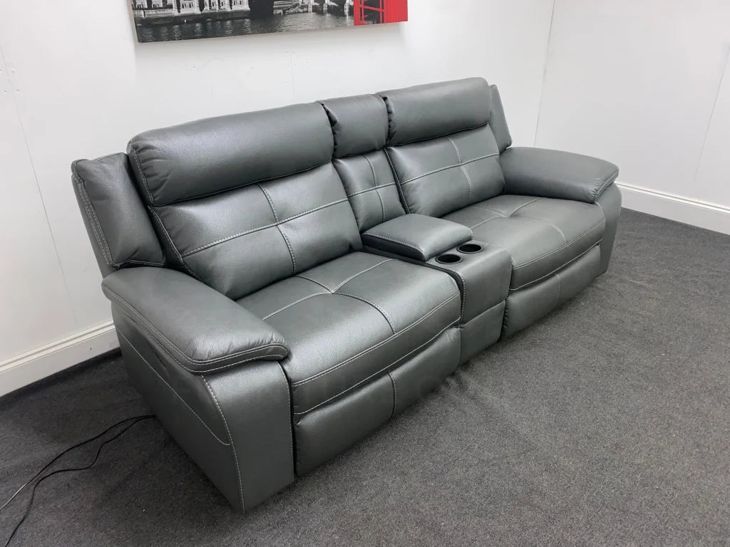 Parker Electric Recliner Grey Leather 3 Seater Sofa With Consol Sofas