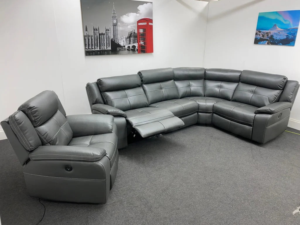 Parker Electric Recliner Grey Leather Rhf Corner Sofa + Armchair Set Sofas