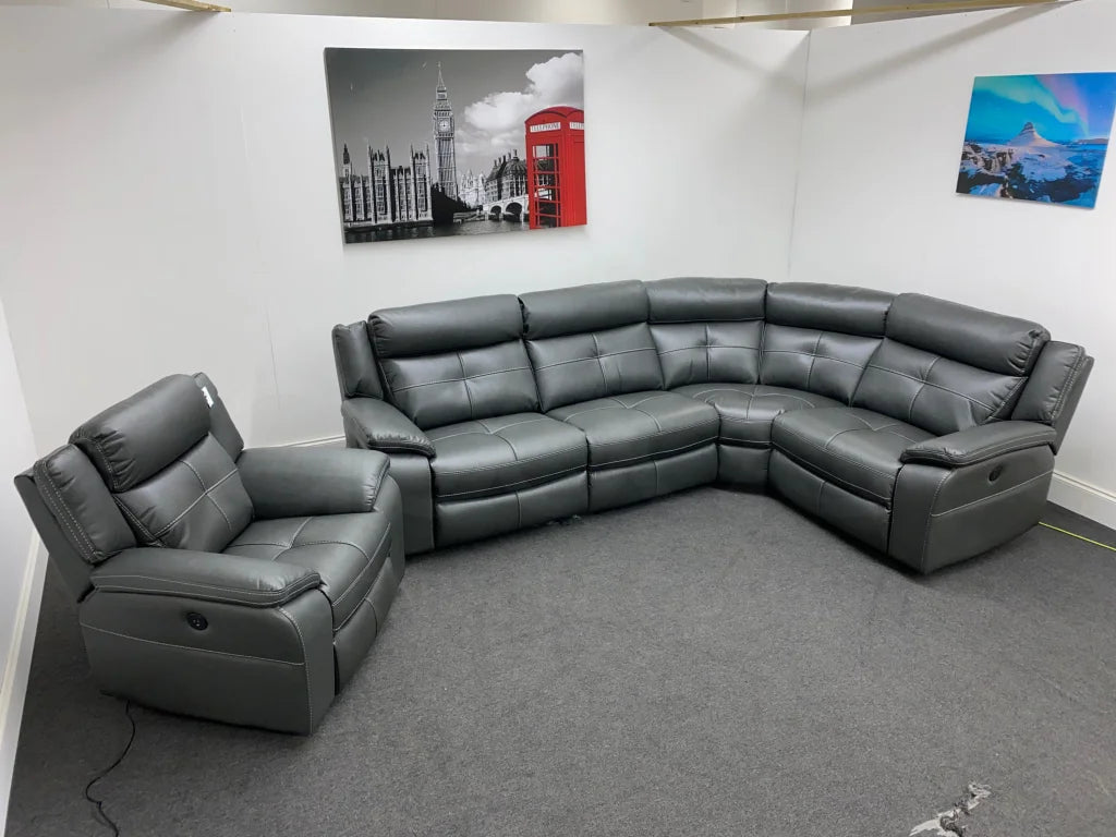 Parker Electric Recliner Grey Leather Rhf Corner Sofa + Armchair Set Sofas