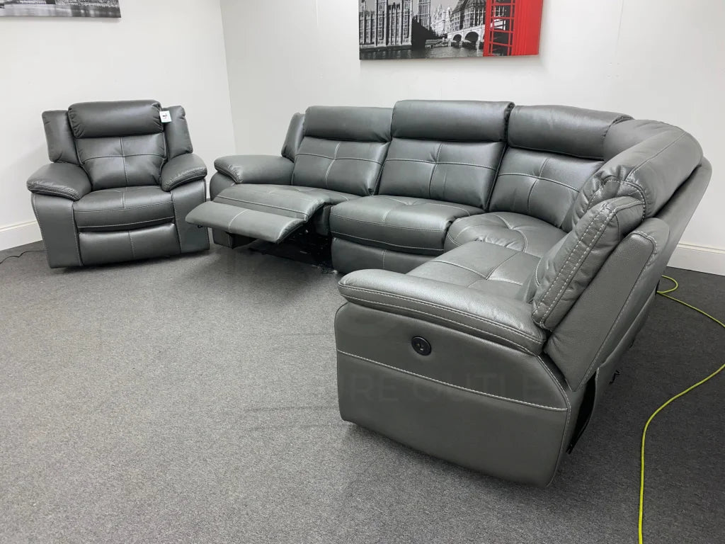 Parker Electric Recliner Grey Leather Rhf Corner Sofa + Armchair Set Sofas