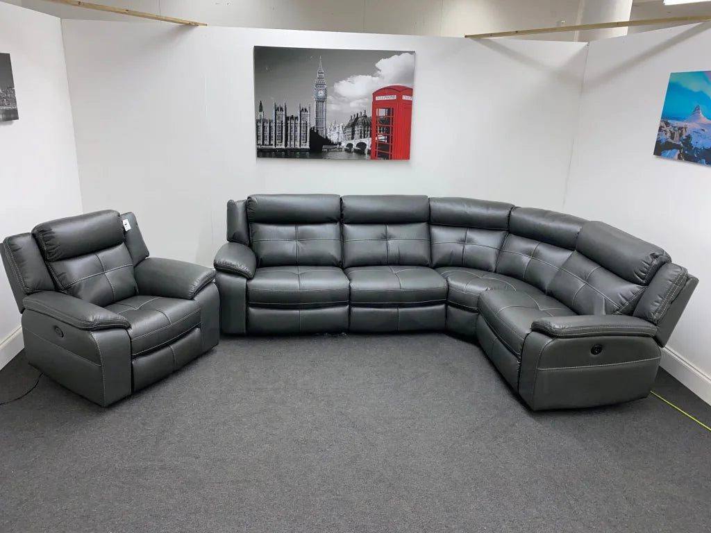 Parker Electric Recliner Grey Leather Rhf Corner Sofa + Armchair Set Sofas
