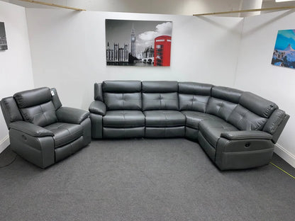 Parker Electric Recliner Grey Leather Rhf Corner Sofa + Armchair Set Sofas
