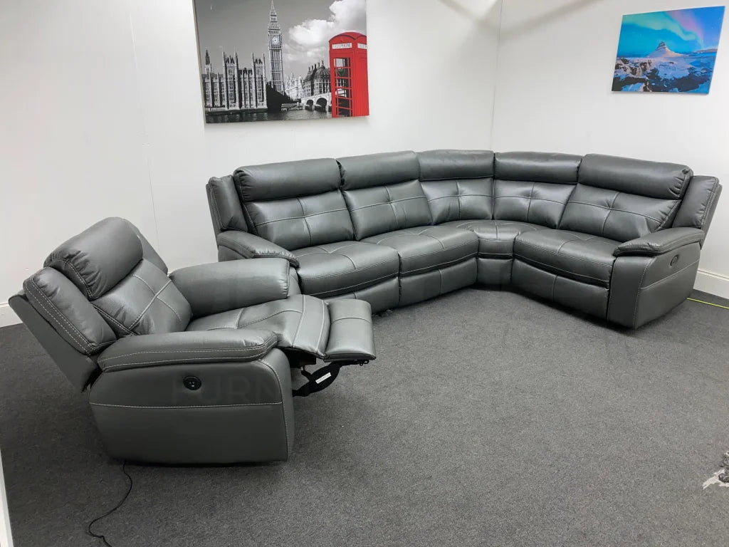 Parker Electric Recliner Grey Leather Rhf Corner Sofa + Armchair Set Sofas