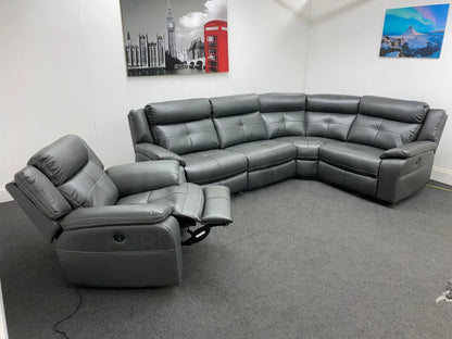 Parker Electric Recliner Grey Leather Rhf Corner Sofa + Armchair Set Sofas