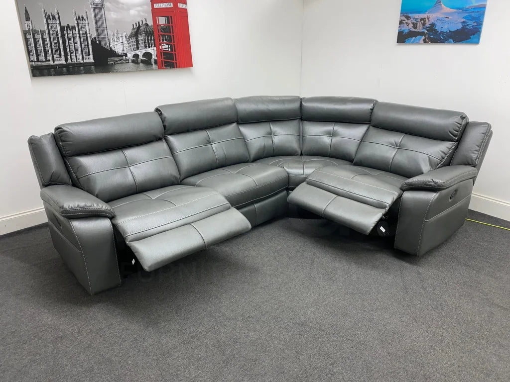 Parker Grey Leather Electric Recliner  Corner Sofa - Thick Leather & USB Charging Ports