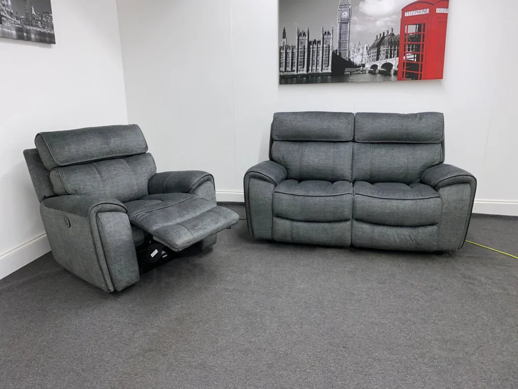 Portebello Electric Recliner Grey Fabric 2 Seater + Armchair Sofa Set Sofas