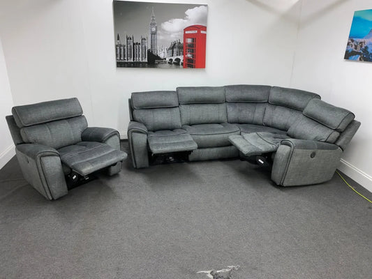 Portebello Electric Recliner Grey Fabric 2C1 Corner Sofa + Armchair Sofas