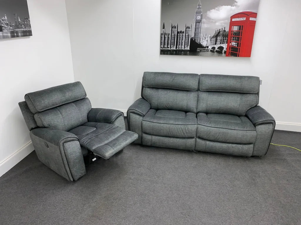 Portebello Electric Recliner Grey Fabric 3 Seater + Armchair Sofa Set Sofas