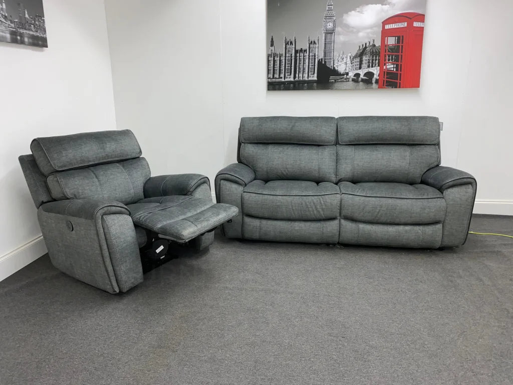 Portebello Electric Recliner Grey Fabric 3 Seater + Armchair Sofa Set Sofas