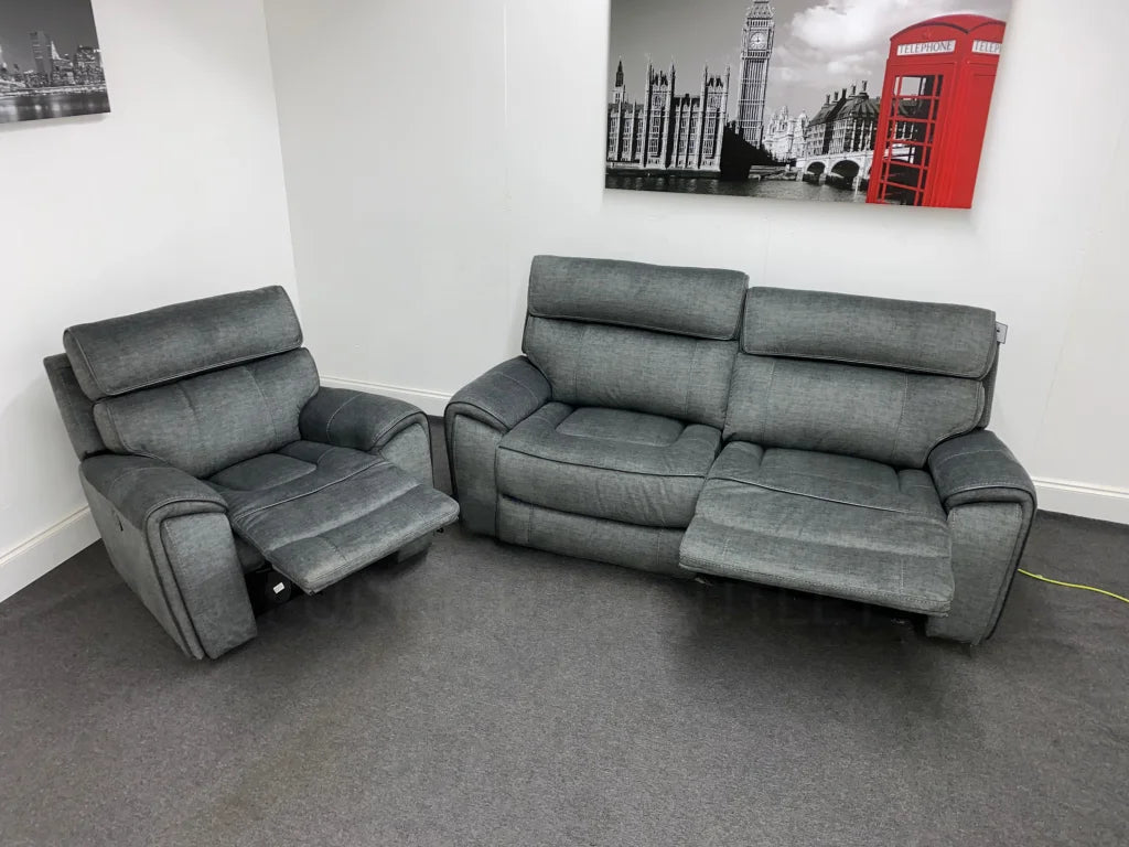 Portebello Electric Recliner Grey Fabric 3 Seater + Armchair Sofa Set Sofas