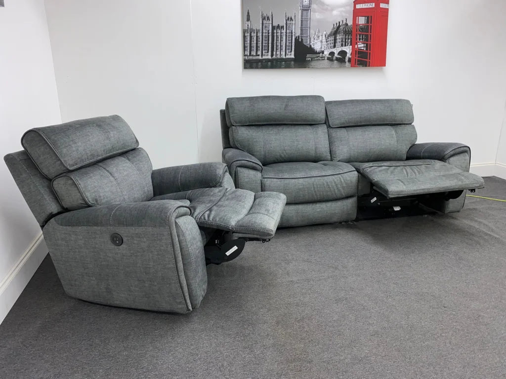 Portebello Electric Recliner Grey Fabric 3 Seater + Armchair Sofa Set Sofas