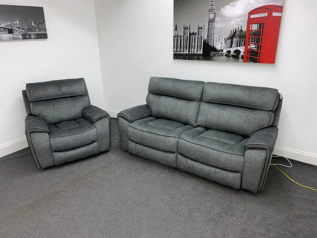 Portebello Electric Recliner Grey Fabric 3 Seater + Armchair Sofa Set Sofas
